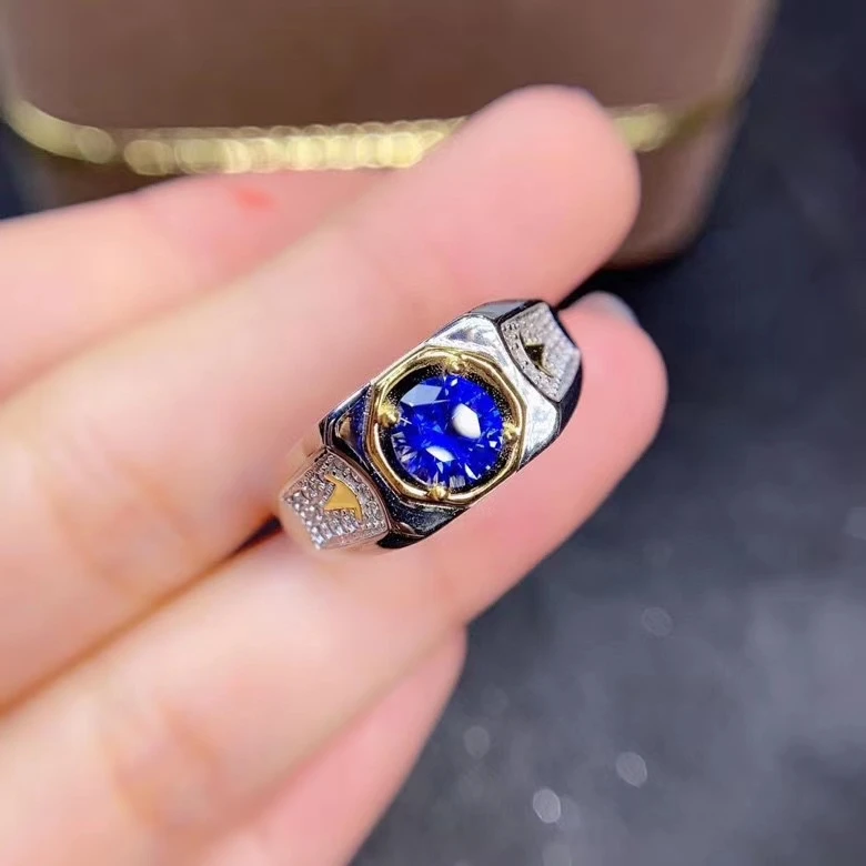 exquisite royal blue sapphire gemstone ring for men ring natural gem good cut 925 sterling silver birthday gift size 6x6mm - view 6