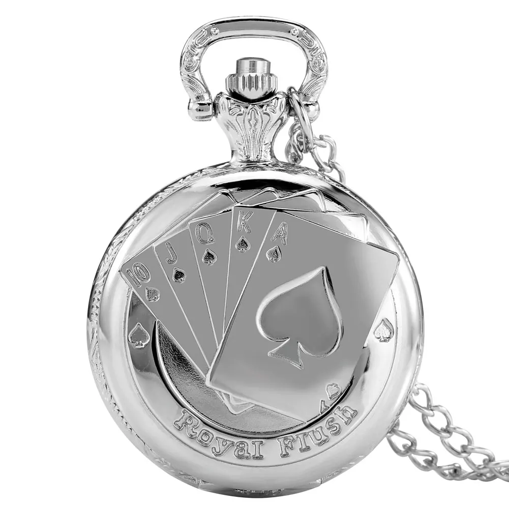 

Silver Poker Pocket Watch Medium Royai Fiush Exquisite Poker Stars Roman Numeral Quartz Dial Necklace Slim Chain Gift For Friend