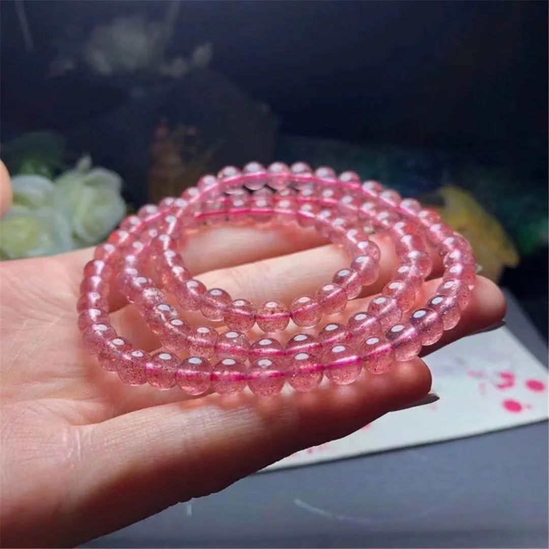 6mm Natural Red Strawberry Quartz Bracelet Jewelry For Women Lady Men Love Gift Crystal Beads Three Laps Gemstone Strands AAAAA