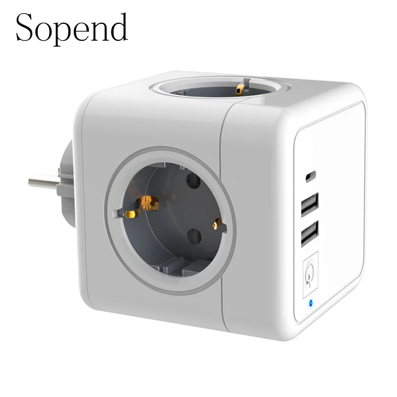 Sopend Gray Power Strips Plug Socket Extension EU With Multi Outlet 4 Smart Ports Powercube 16A 3640W With Switch and Type C