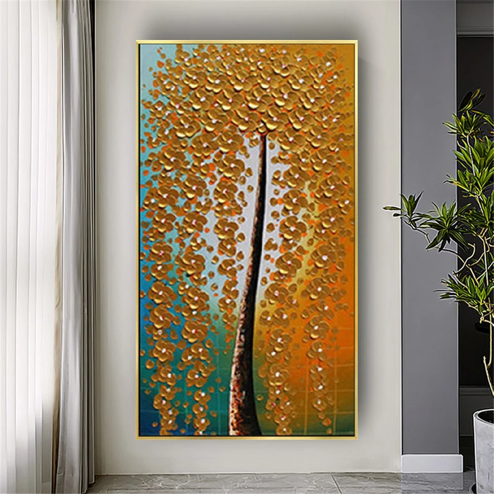 

100%Hand Painted Abstract Gold Leaves And Money Tree Oil Paintings On Canvas Poster Modern Landscape Wall Art Picture Home Decor