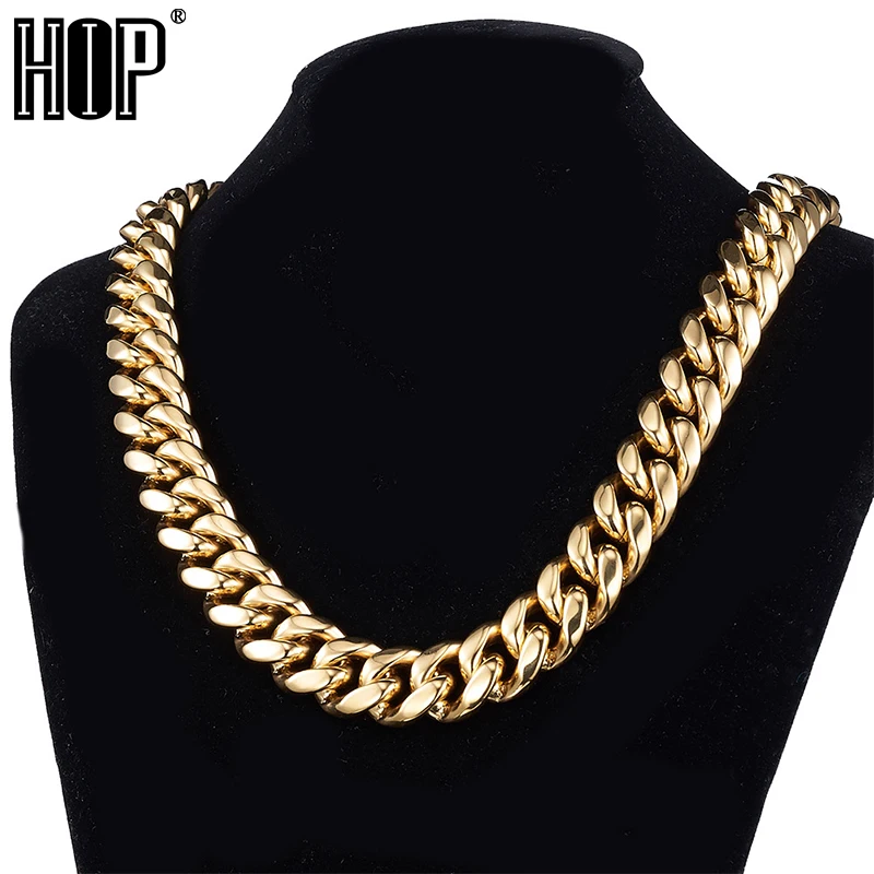 Hip Hop 6MM-22MM Stainless Steel Cuban Chain Necklace Bracelet Fashion Set Gold Color For Men Women Jewelry