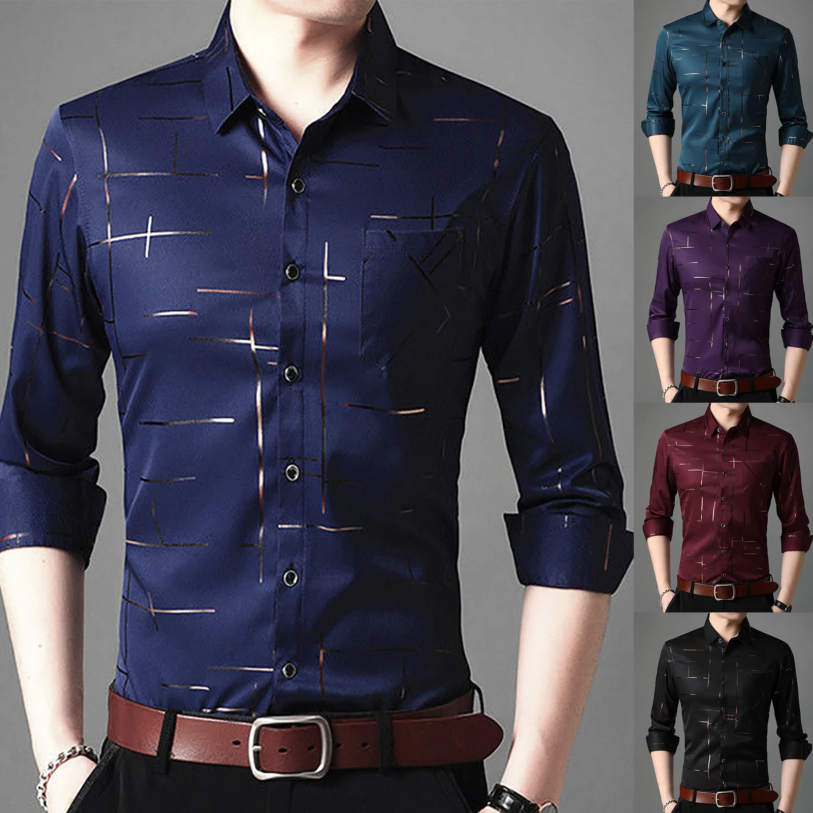 Slim Men Shirt Dress Long Sleeve Turn Down Collar Stripes Single breasted Business Shirt Top