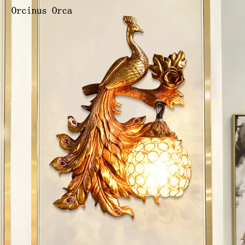 

European luxury golden resin peacock wall lamp living room background wall bedroom Bedside Lamp Retro creative crystal wall lamp