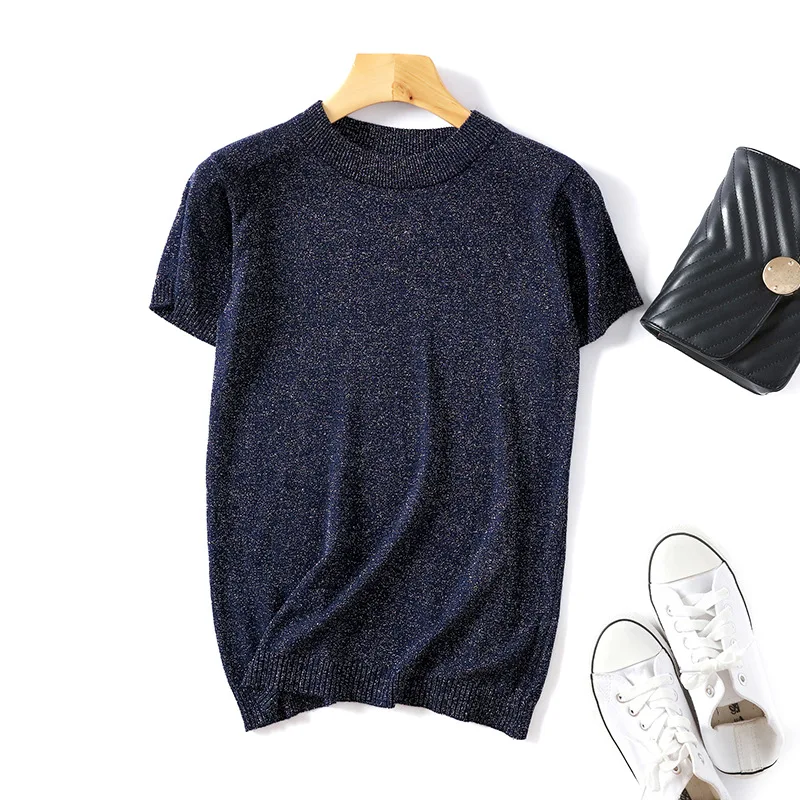 Suéter brillante de Lurex para mujer, jersey básico de manga corta con cuello redondo, Tops finos de punto de estilo coreano, 2021