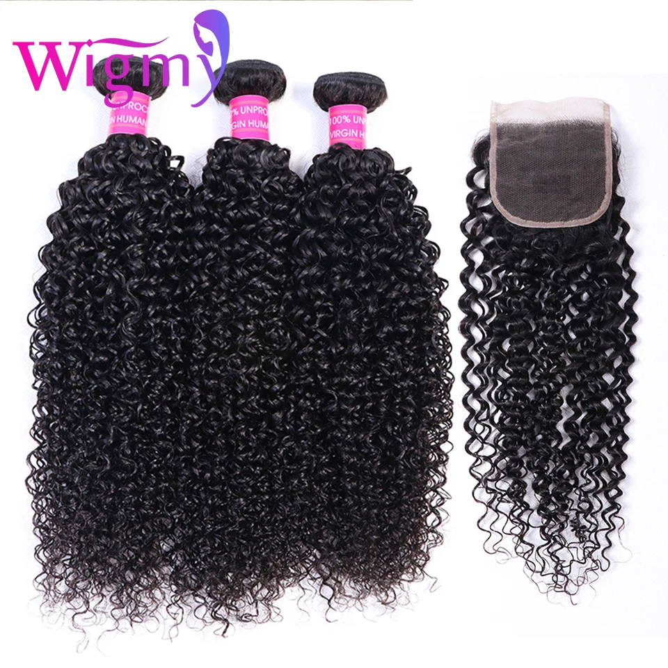 30 Inch Curly Bundles with Closure Human Hair Extension long Remy Double Weft Bundles With 4x4 Closure Kinky Curly Peruvian Hair