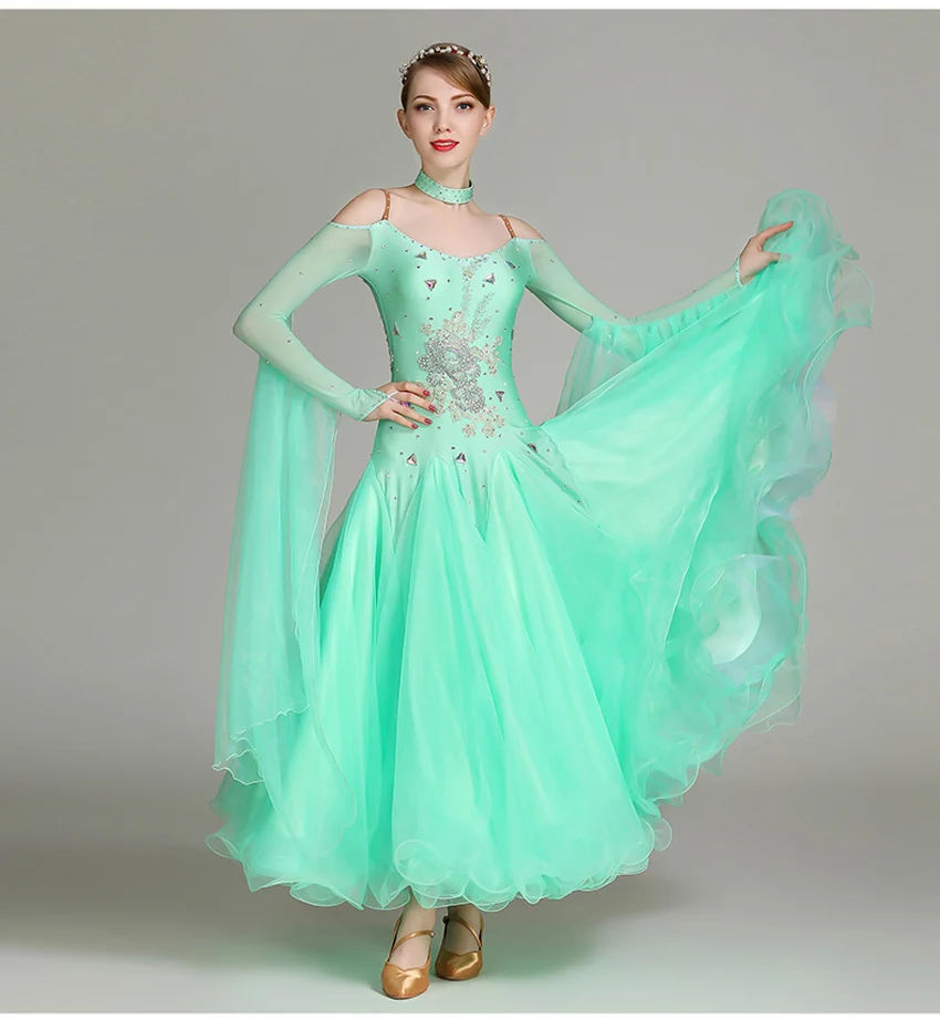 Ballroom Dance Competition Dress Diamond-encrusted Costumes Light Green Stage Costume Ladies Backless Shoulder Straps Pink Waltz