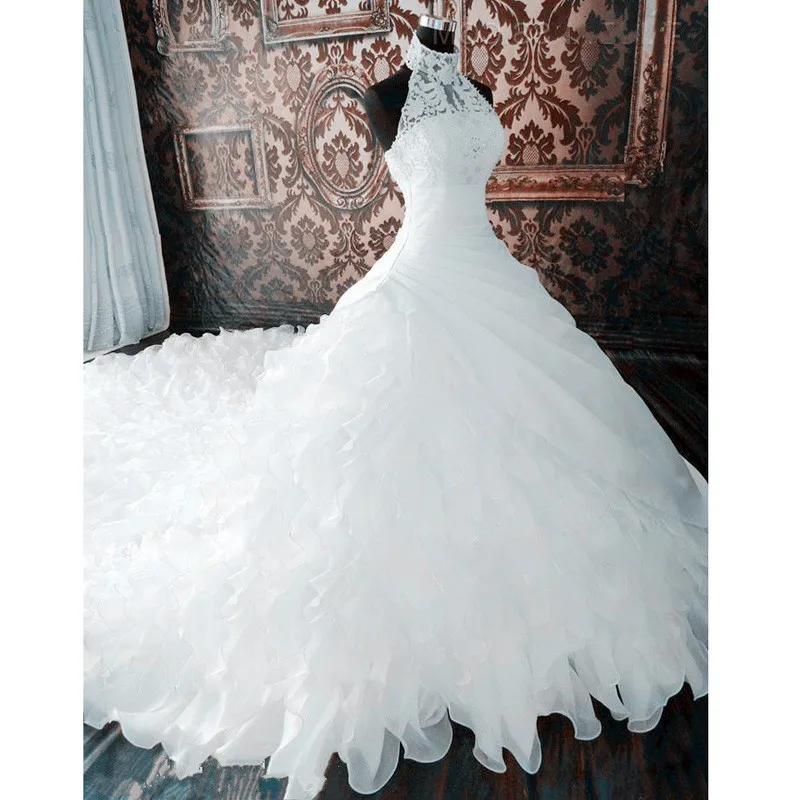 Robe de Mariée Personnalisée en Dentelle et Organza pour Femme, Tenue à Col Licou, avec Traîne, à Volants, pour Patients, Quelle que soit la Collection 2025