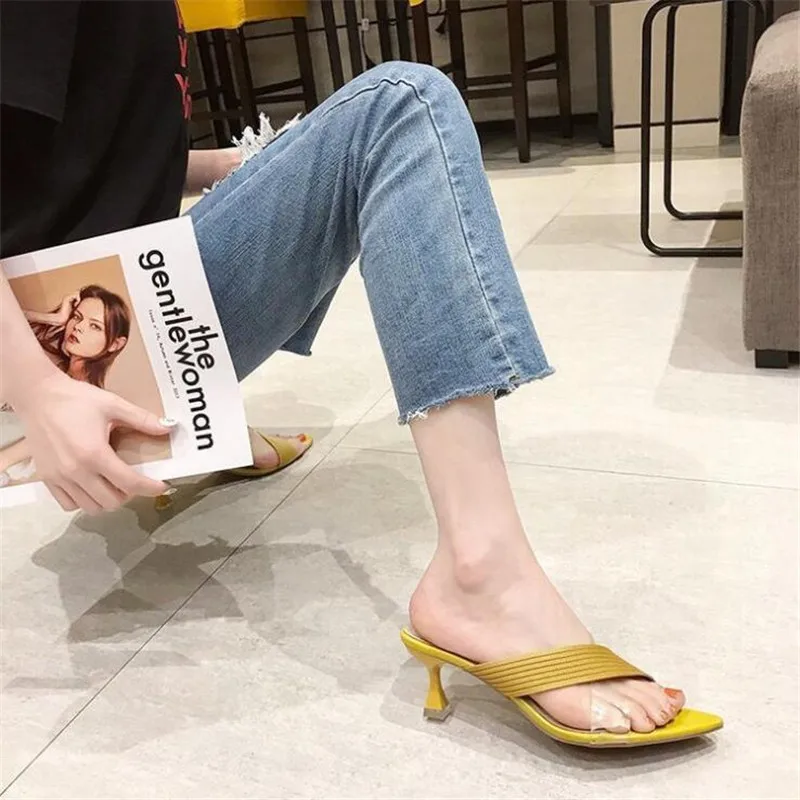 2023 Summer Women Yellow Green Beige Pumps Sandals For Ladies Sexy Mules High Heels Slip-on Slippers Slides Shoes Solid