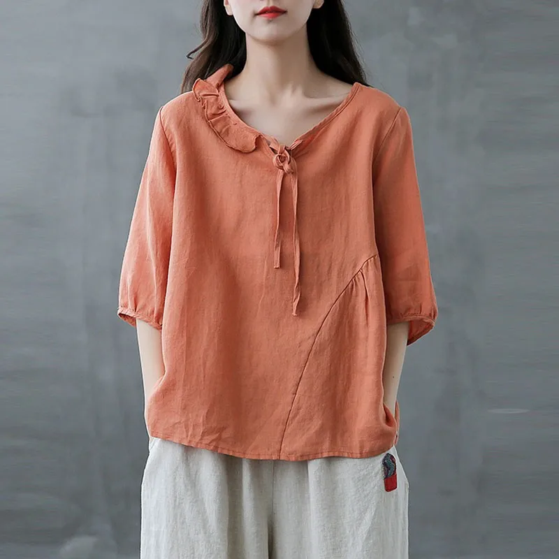 Women Cotton Linen Casual T-shirts New Arrival 2021 Summer Vintage Style O-neck Ruffles Loose Female Half Sleeve Tops Tees S3734