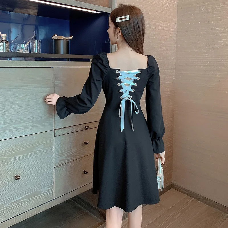 Fashion woman dress spring summer long sleeve black women square neck sexy backless bandage vacation beach dress