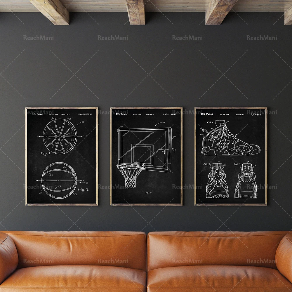 Basketball Patent Set of 3, Backboard Blueprint, Sneaker Art,