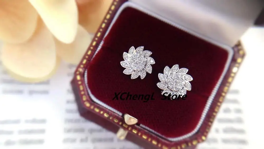 New Fashion 18K(AU750) Real Gold Sunflower-Style Diamond Earrings Jewelry for Lady&Women&Party&Wedding