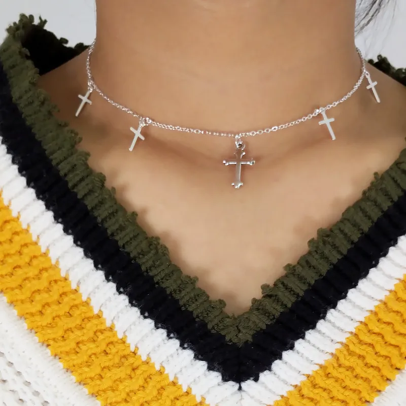 Silber Farbe Kreuz Halsketten & Anhänger für Frauen Choker Schlüsselbein Kette Schmuck Femme Bijoux Collares – Detail 2