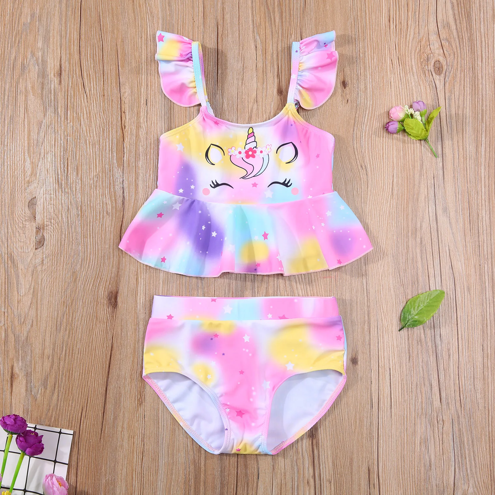 Newest Arrival Girl\'s Two Piece Swimsuit Children Unicorn Pattern Ruffle Hem Fly Sleeve Tops Swimming Shorts for Kids