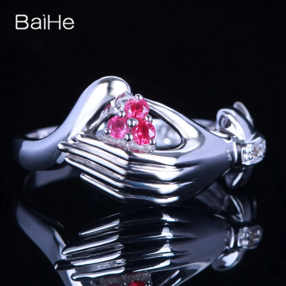 

BAIHE Solid 14K White Gold H/SI Genuine Ruby Palm Heart rings for women Wedding Trendy Party Fine Jewelry anillos mujer bague