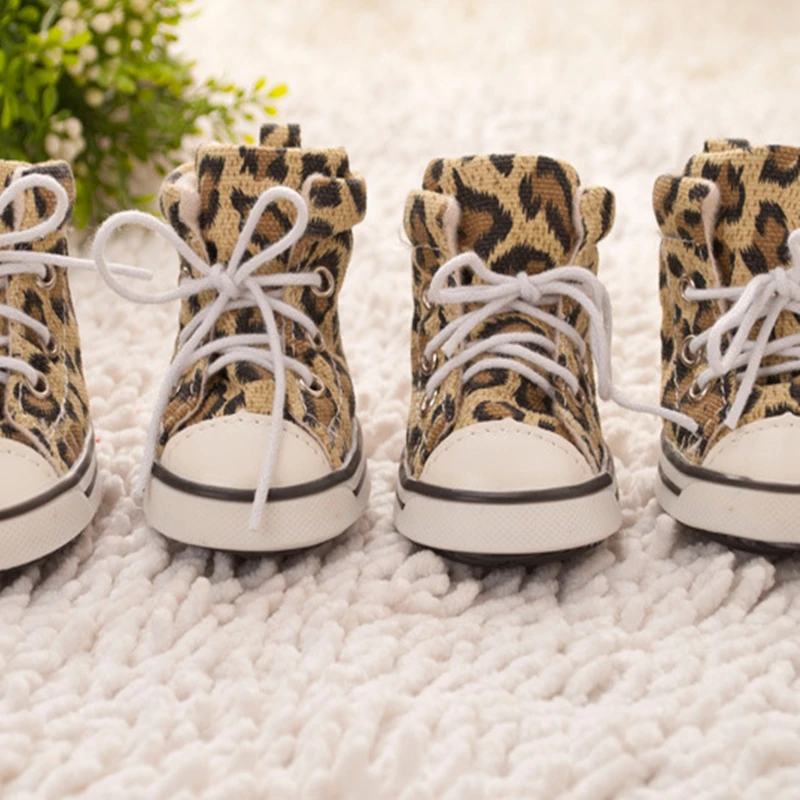 4pcs/set Winter Fashion Lacing Puppy Shoes Leopard Canvas Dog Shoes For Small Dogs Anti-slip Dog Sneaker Soft Bottom Dog Booties