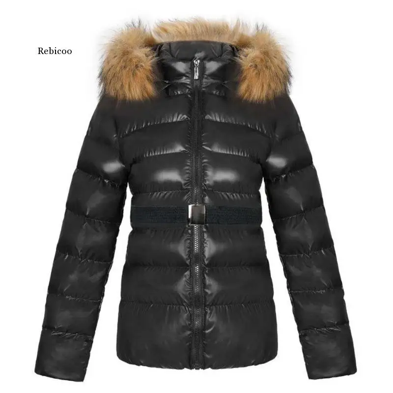 

Parka Coat Women Jacket Casual Padded Pu Leather Jacket Solid Hooded Long Sleeve Zip-Up Thick Warm Short Coat with Belt