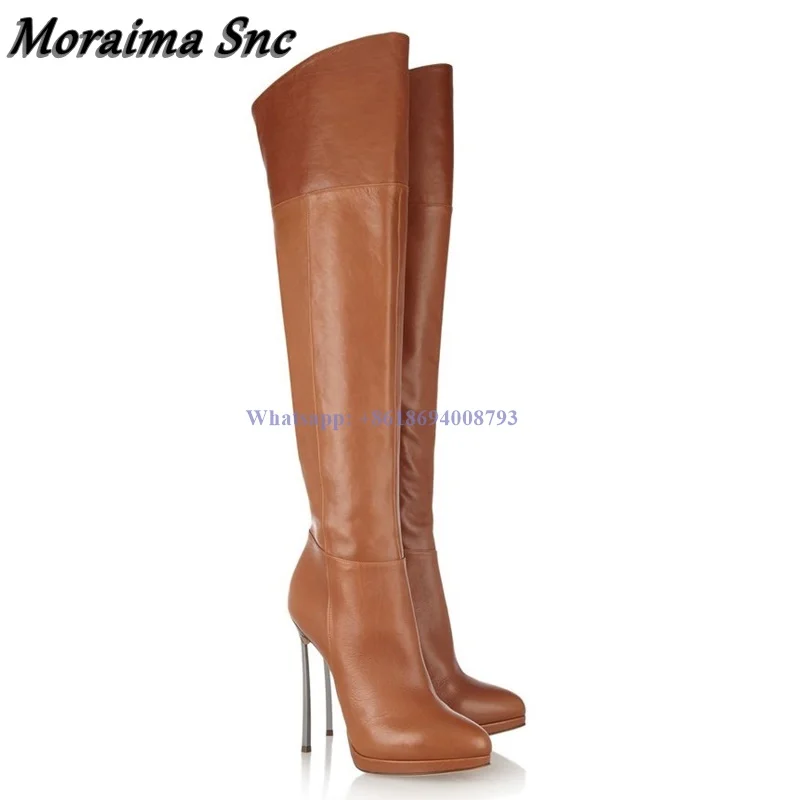 New Long Brown Thigh High Leather Boots Zipper Stilettos Wine Glass Heel Over The Knee Women Boots Big Size Shoes botas de mujer