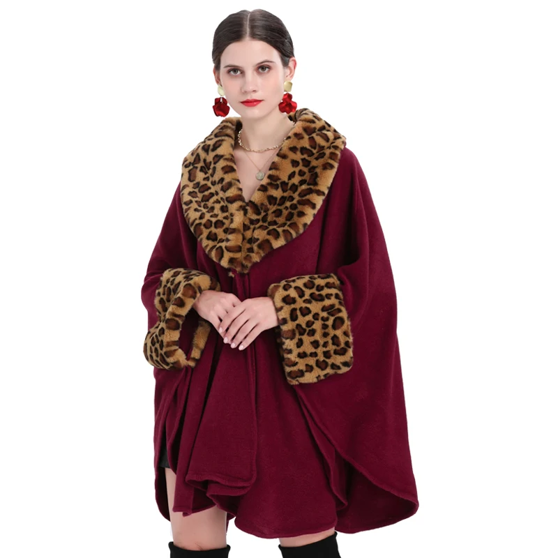 Abrigo holgado con cuello de piel sintética de leopardo para mujer, cárdigan grueso y cálido, mangas largas de murciélago, capa de Cachemira, ropa de calle de invierno, 4 colores