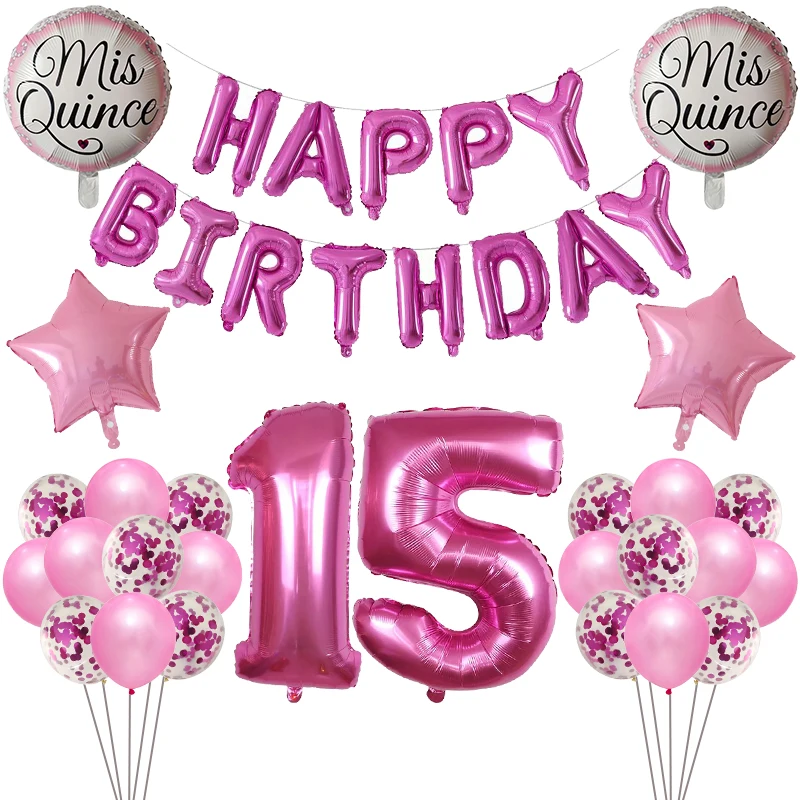 1set Mis Quince My Fifteen 15th Years Old Birthday Party Balloons Number 15 Baloon Spanish Girl Pink Happy Birthday Photo Props