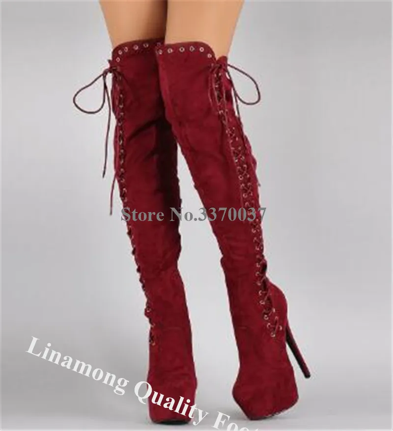 Winter Fashion Sexy Round Toe Over Knee High Platform Stiletto Heel Gladiator Boots Side Lace-up Wine Red Long High Heel Boots