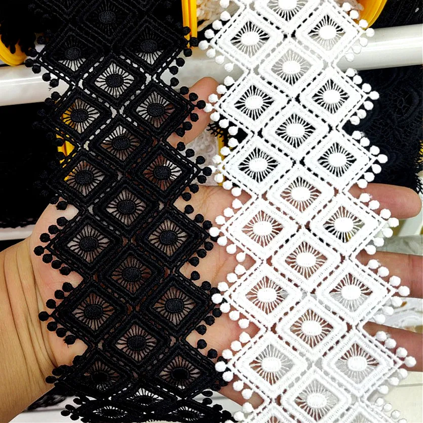 Pom Pom Embroidered Lace Fabric 75 mm Wide Black White Hollow Out Lace DIY Sewing For Dress Clothing Decoration, Sell By Yard