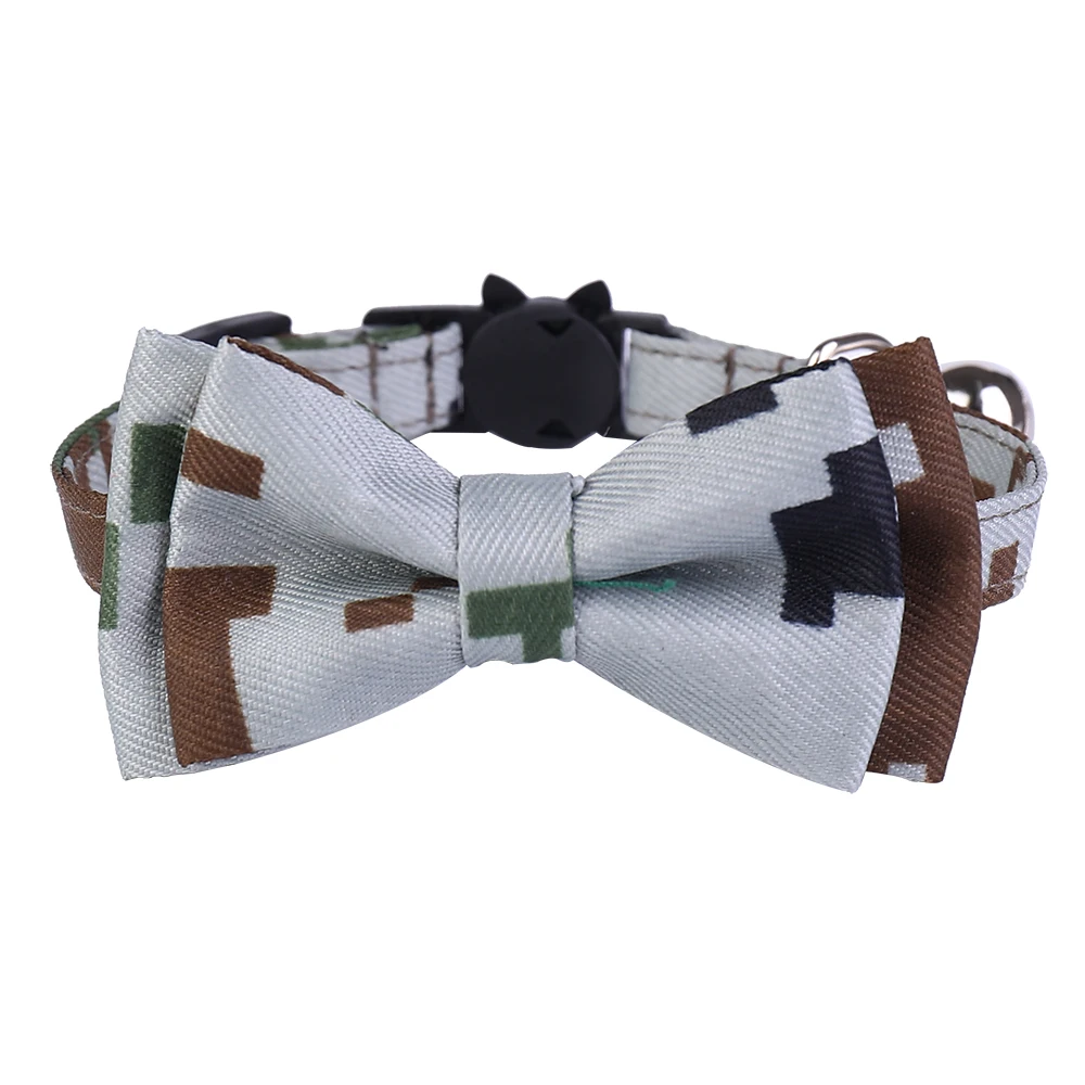 Camouflage Printed Cat Collar with Removable Bow Tie for Puppies Cats Safety Buckle Pet Neck Collar with Bells Cat Necklace