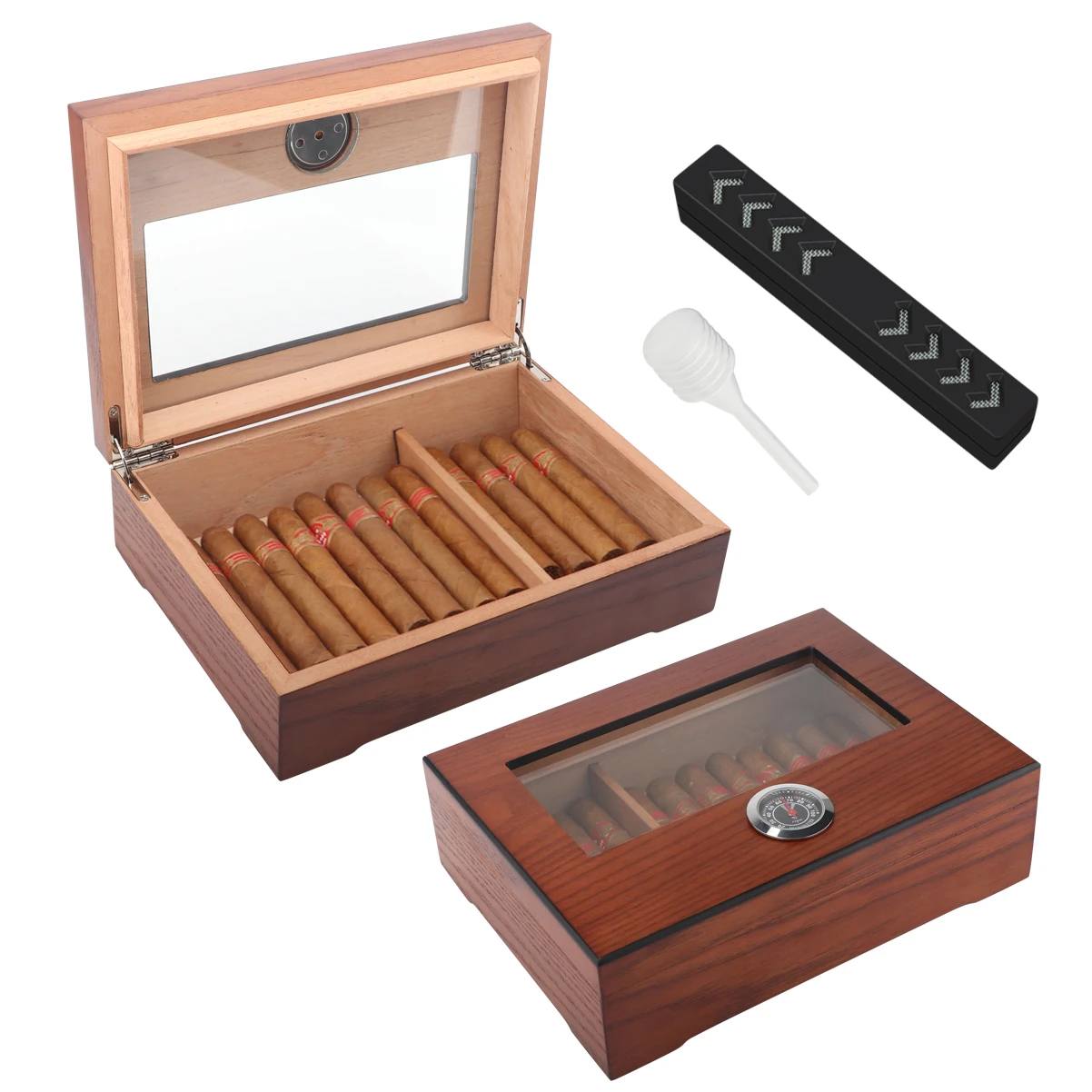 

Xifei Cedar Wood Cigar Humidor W/ Hygrometer Humidifier Portable Smoking Box Accessories Glass Window Cigarette Case