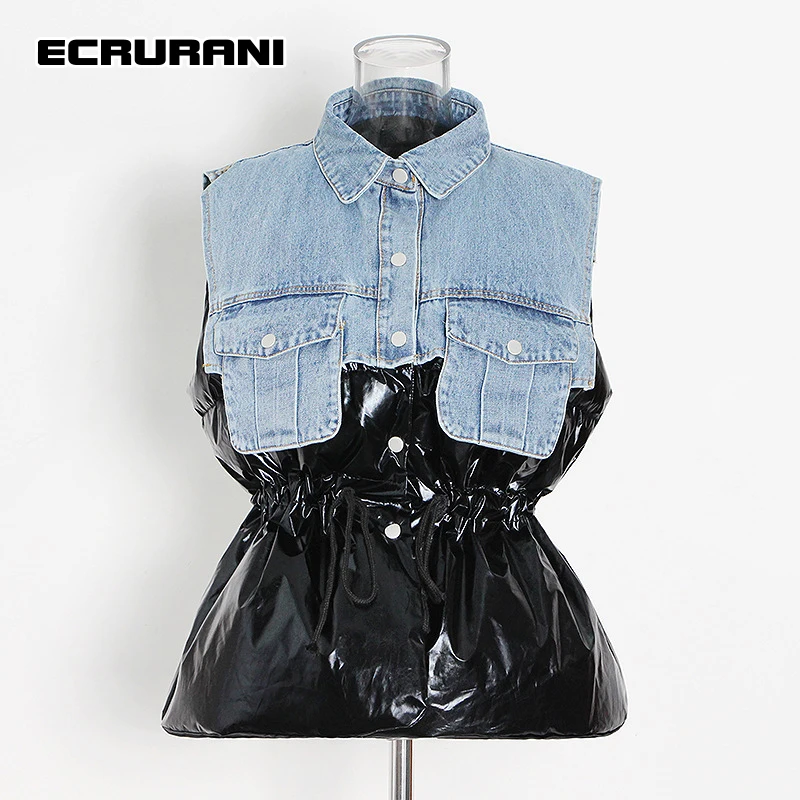 ECRURANI Casual Patchwork Coats For Women Lapel Sleeveless Drawstring Pocket Hit Color Vests Females Fashion Clothing 2022 New