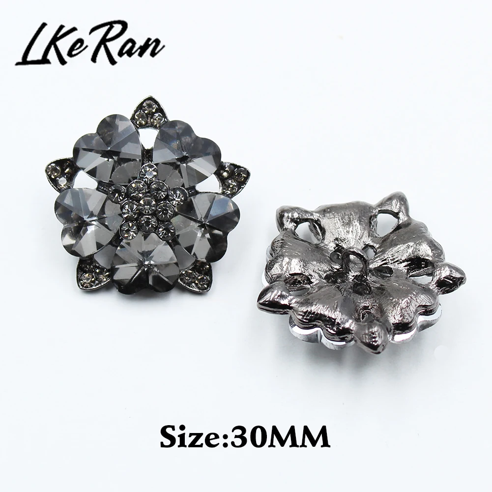 LKERAN 3Pcs/lot 30mm Black Charm Heart Crystal Rhinestones Buttons Metal Shank Sewing For Clothing Diy Accessories Decorative