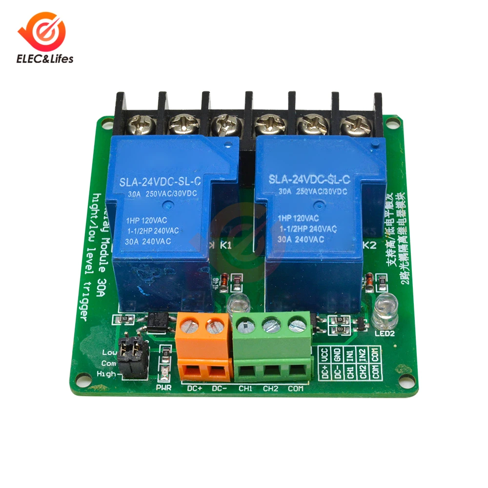 Two 2 Channel DC 5V 12V 24V Relay Module 30A optocoupler isolation module High and Low Level Trigger Relay for Smart Home PLC