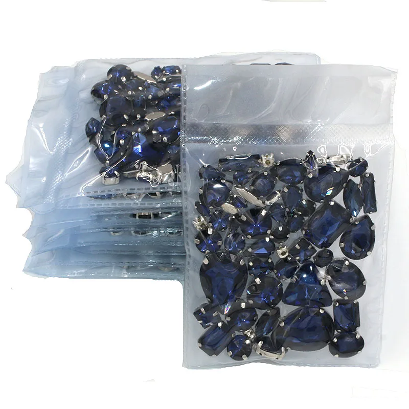 Clothing accessories  Wholesale 5 bags mixed shape glass crystal sliver base Ink-blue sew on rhinestones diy wedding dress