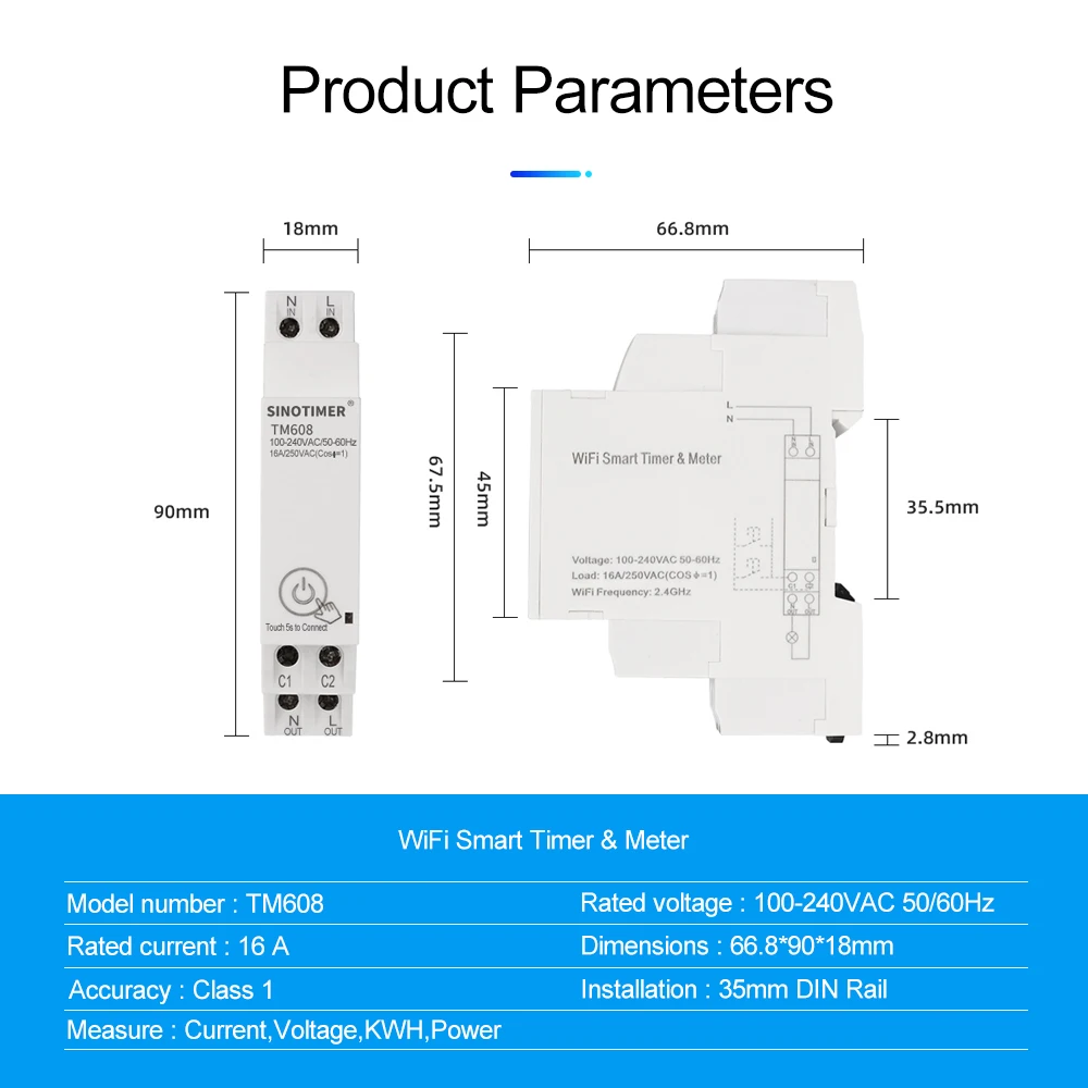 18mm Single Phase Digital Timer Switch Remote WiFi Smart Light Control Switch Programmer with Energy Monitoring AC 110V 220V 16A