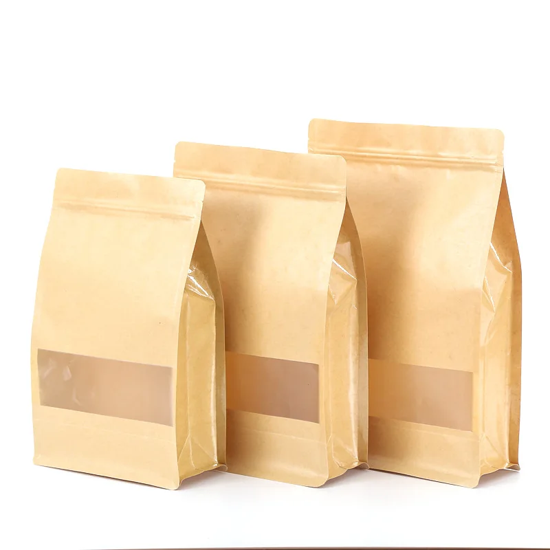 500Pcs/Lot Reusable Kraft Paper Pouches with Window Ziplock Bulk Food Stand Up Bag Gift Packaging Bag for Dry Goods Wholesale