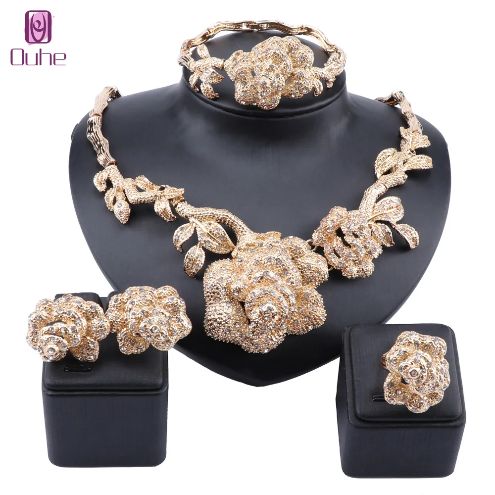 Women Luxury Dubai Gold Color Rose Flower Crystal Necklace Earring Ring Bracelet Wedding Accessories Decoration Jewelry Set