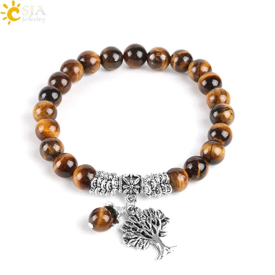 CSJA Natural Tiger Eye Lucky Gem Stone Tree of Life Bracelets 2017 Rosary Reiki Healing Energy Mala Yoga Beads Men Jewelry E725