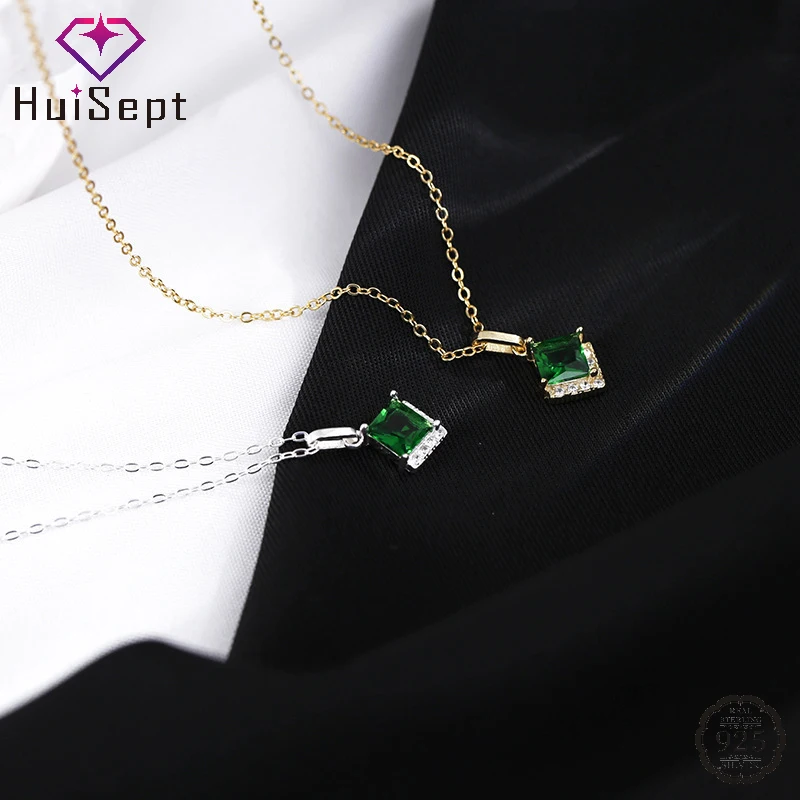 

HuiSept Necklace 925 Silver Jewelry Ornament with Emerald Zircon Gemstone Pendant for Women Wedding Party Promise Gift Wholesale