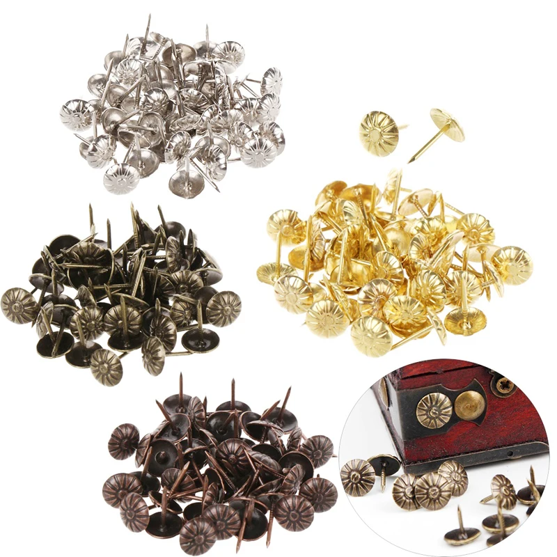 50Pcs Iron Upholstery Nail Antique Jewelry Case Box Sofa Decorative Tack Stud Pushpin Decorative Furniture Nails With Flower