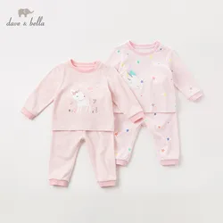 DB12187 dave bella autumn baby girls fashion cartoon striped pajamas newborn baby underwear casual sleepwear 2 pcs suit