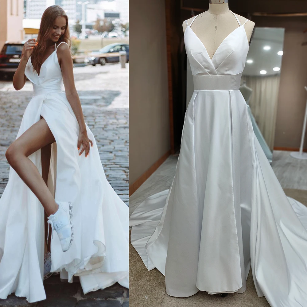 Sexy High Split Satin Minimalistischen Hochzeit Kleid 2021 Spaghetti-trägern V-ausschnitt Brautkleid Nach Maß Plus Größe Vestido De noiva