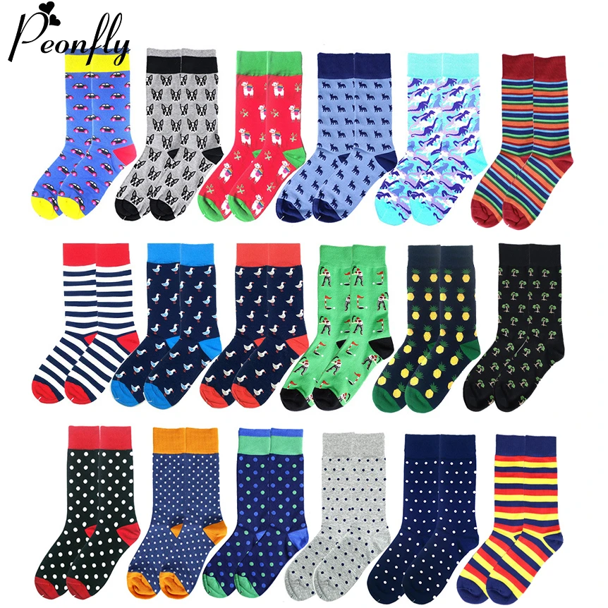 PEONFLY Novelty 2020 New Hip Hop Cotton Men\'s Socks Harajuku Happy Funny Cartoon Geometry Printed Socks For Male Wedding Gift