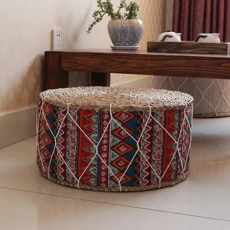 30x30x20cm Handmade Straw Woven Round Low Stool Japanese-style Tatami Futon Living Room Sofa Stepstool Shoe Changing Stool