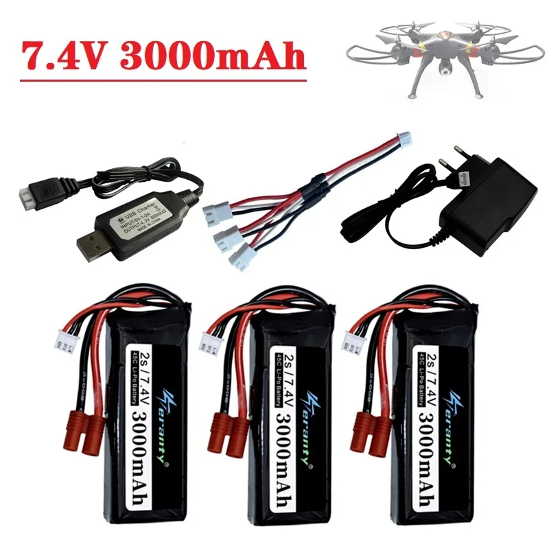 2s RC Lipo Battery 7.4v 3000mAh and USB Charger for Syma X8C X8W X8G X8 X8HC X8HG X8HW HQ899 T70CW RC Quadcopter Spare Parts