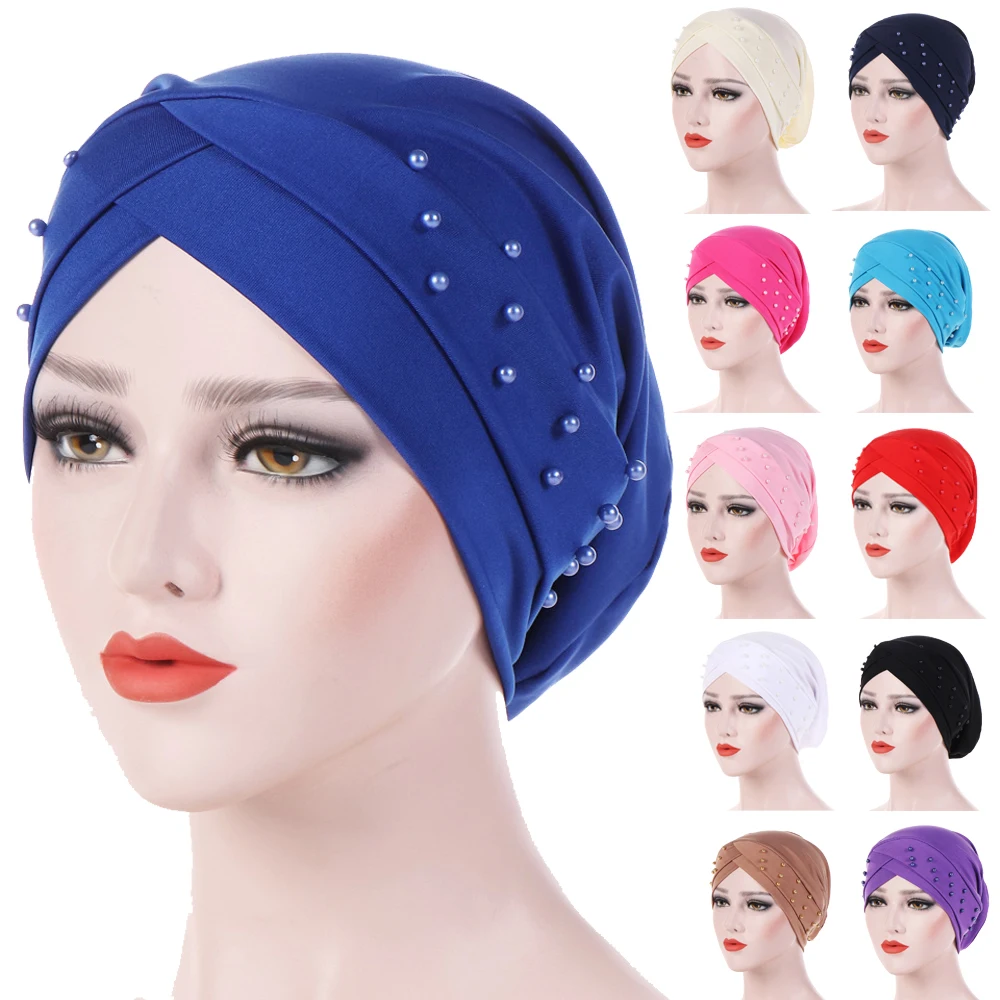 1PC Nieuwe Vrouwen Elastische Tulband Hoed Moslim Hijab Islamitische Kralen Kanker Chemo Cap Dames Hijab Stretch Head Wrap Hoofddoek haaruitval