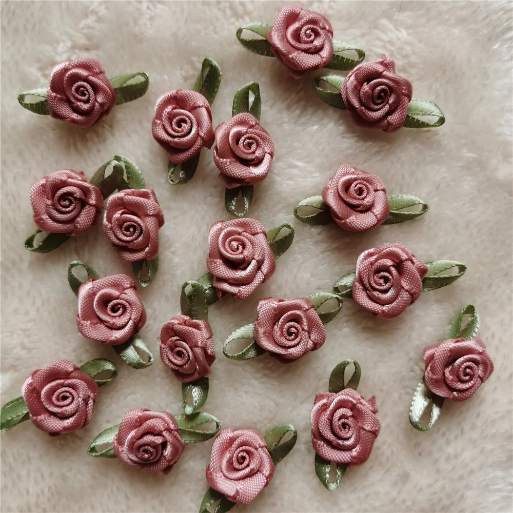 Dusty Pink Mini Artificial Rose Flowers Heads Make Satin Ribbon Appliques Handmade DIY Crafts For Wedding Decoration Accessories