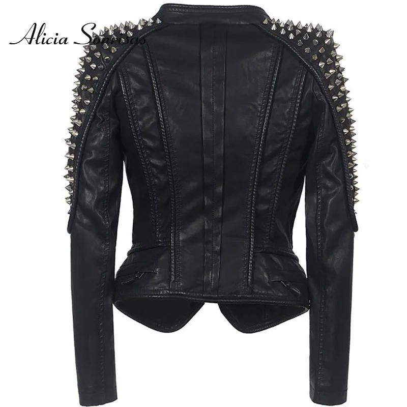 Women Leather Jacket New Spikes Stars Slim Metal Silver Rivet Metallic PU Punk Biker Coats SX01