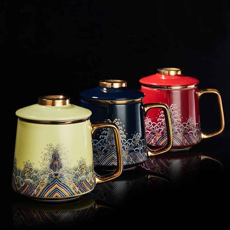 

Ceramic mug with lid filter bubble tea cup insulation large capacity ancient style office cup forbidden city cup