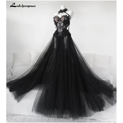 Gothic Black Long Wedding Dress Customized Sexy Bridal Gown Vestidos De Novia Sexy Tulle Wedding Gowns Trouwjurk Plus Size