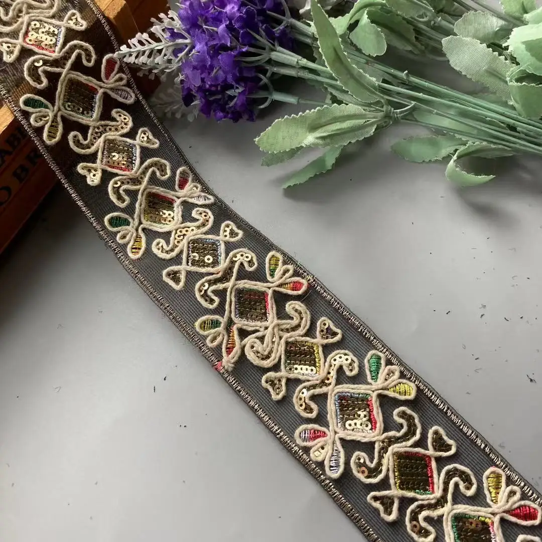 Afbeelding 5: 1 yards kanten versieringen 50 mm veelkleurig etnisch draad mesh pailletten singels lint tape schoenen jurk decoratief geborduurd doe-het-zelf naaien